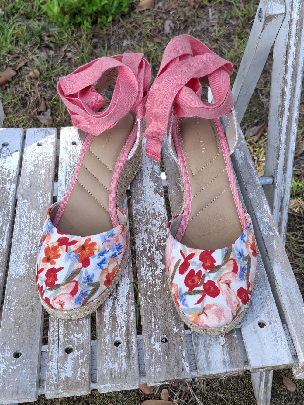 Floral Canvas Espadrille Wedge with Pink Ankle Tie